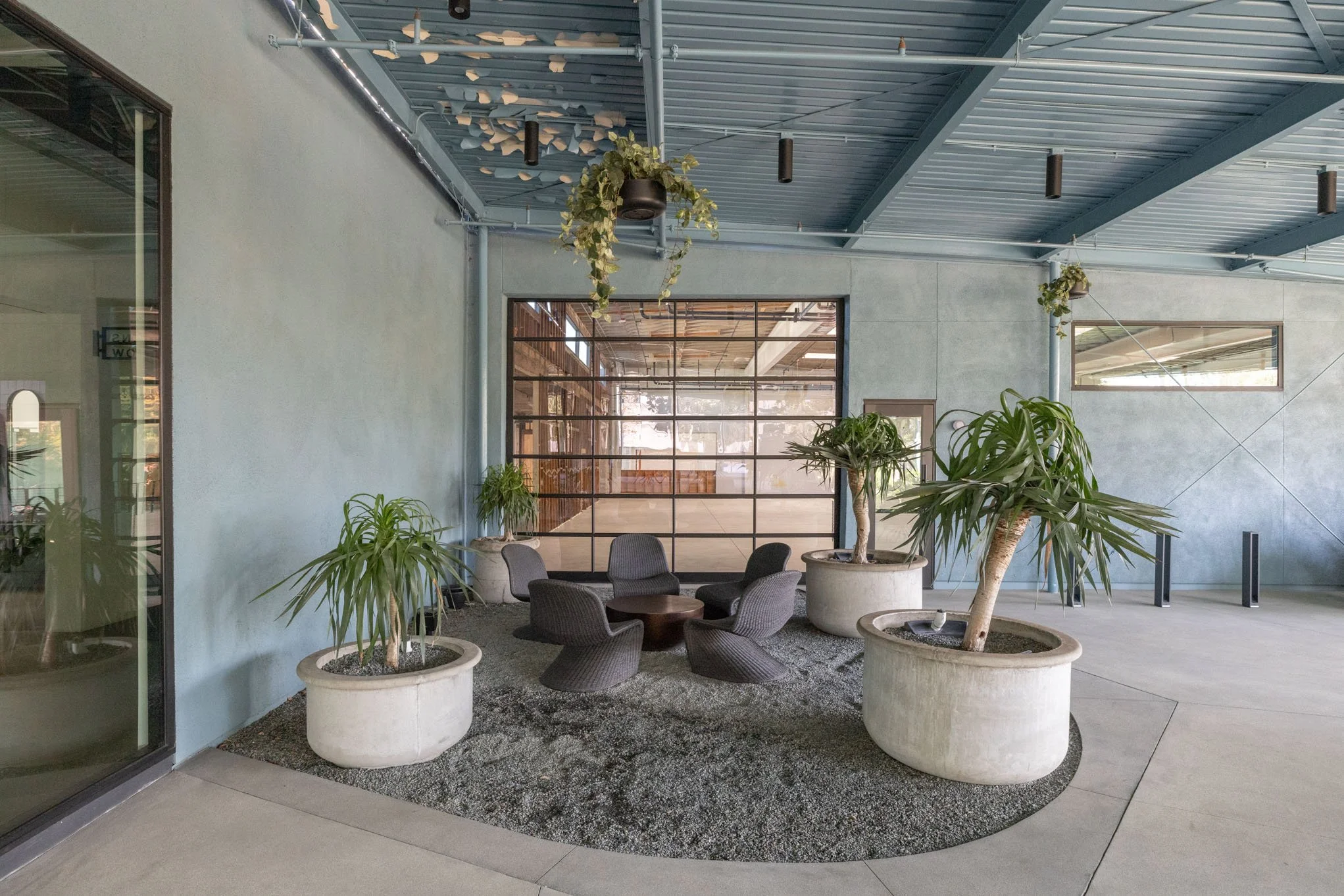 Modern indoor lounge area with potted plants, a round seating arrangement with four chairs, a small table, and large windows with industrial design elements.