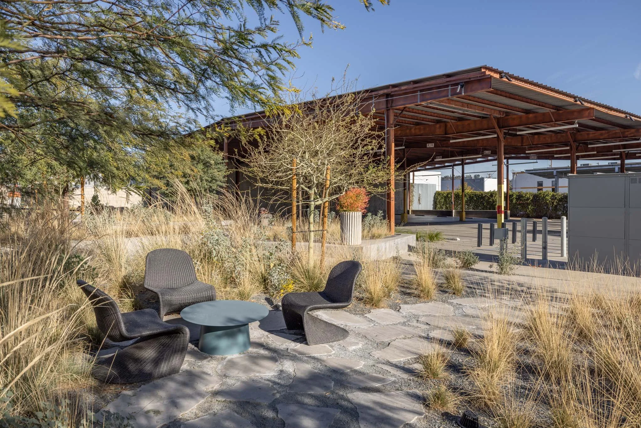 Outdoor seating area with three black chairs and a round blue table, surrounded by dry grass and a few trees under a clear blue sky.