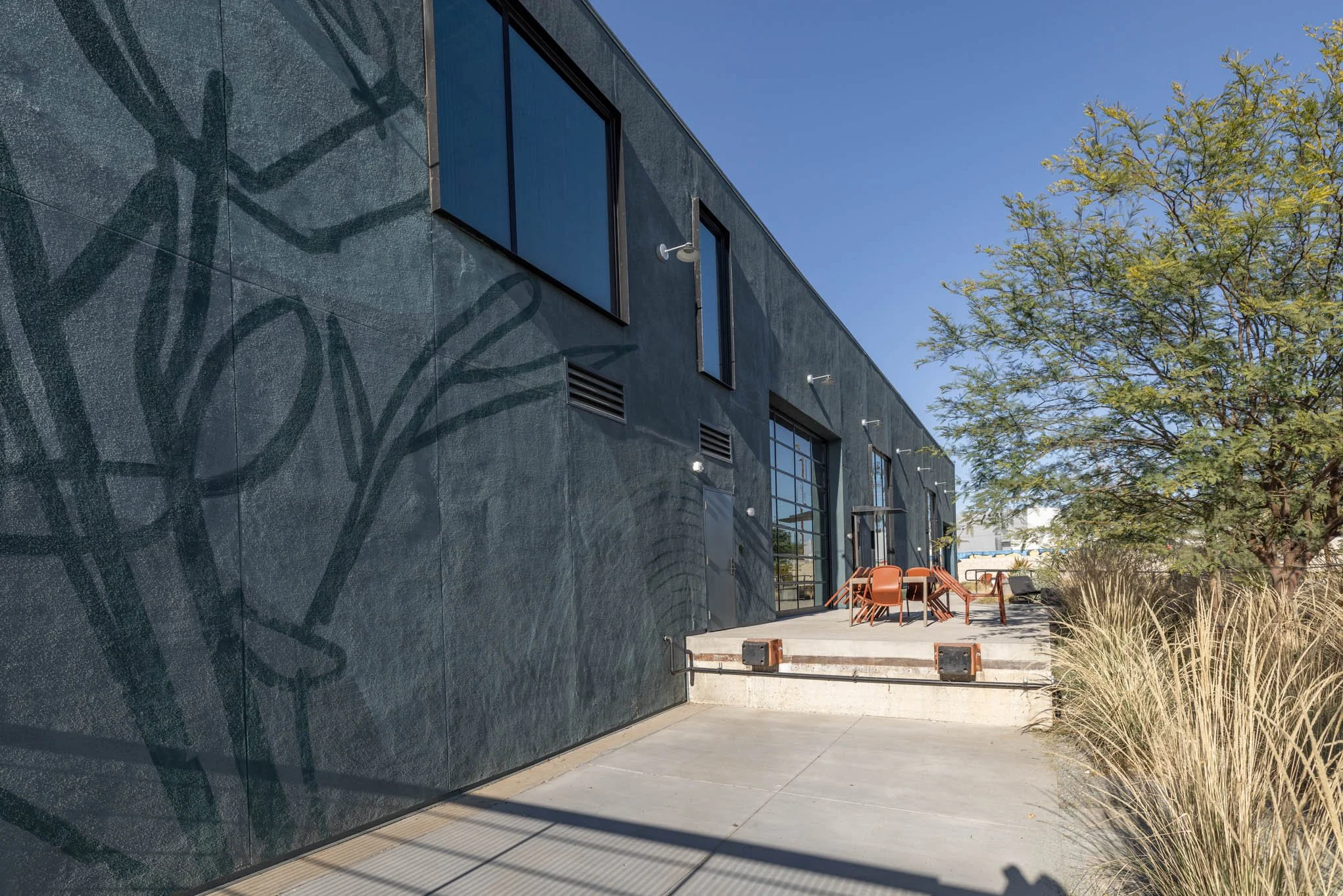 Modern building exterior with black textured facade, large windows, and outdoor seating area, with a tree and tall grasses nearby under a clear blue sky.