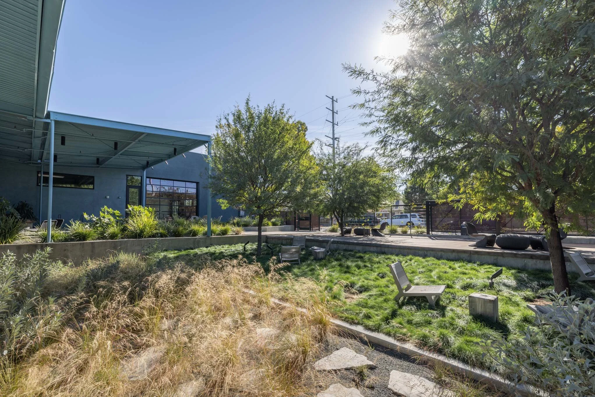 A sunny outdoor park area with trees, grass, benches, and a building with a covered patio in the background.