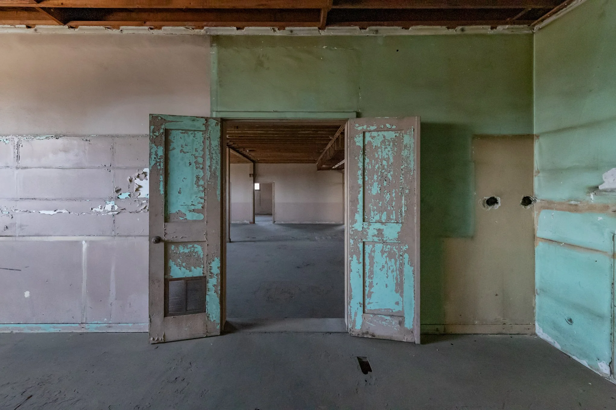 An empty, abandoned house interior with peeling paint on the doors and walls, exposed wooden ceiling beams, and unfinished walls and floors.
