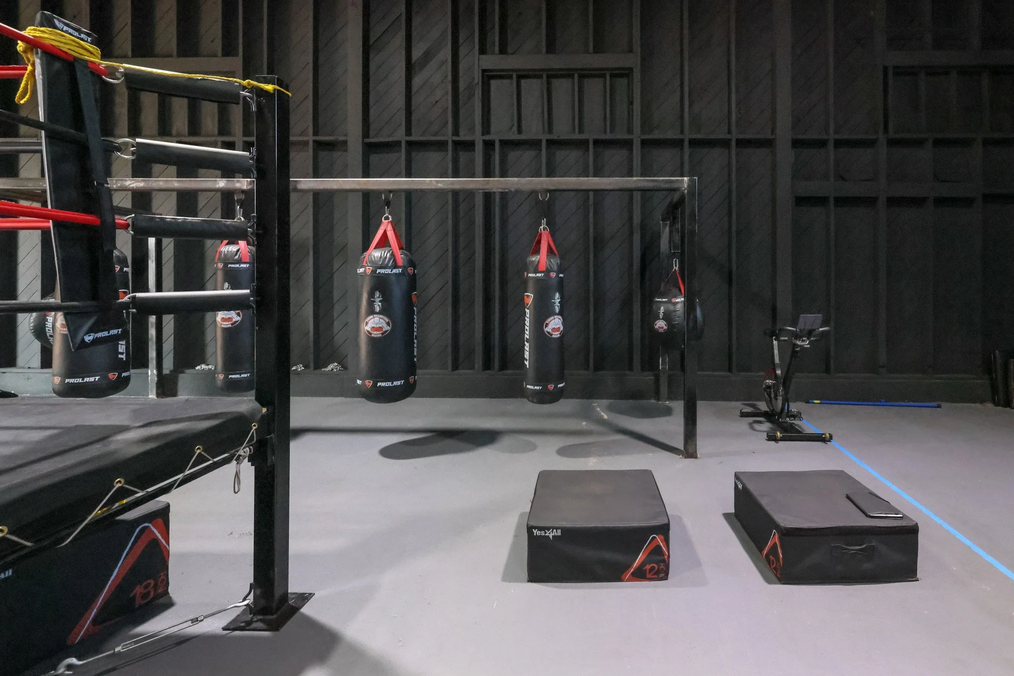 Boxing gym with black punching bags hanging from a metal frame, a boxing ring on the left, a stationary bike on the right, and gym mats on the floor.