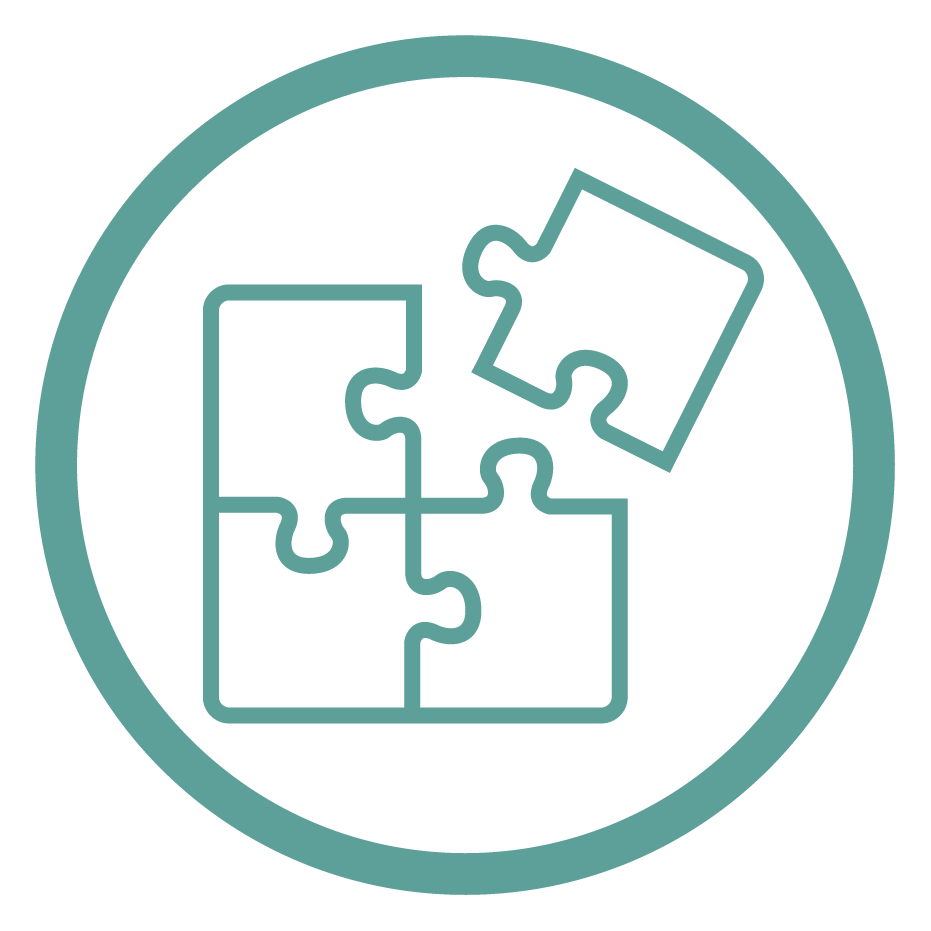 Outlined image of five puzzle pieces, with one piece slightly separated from the others, enclosed in a circle.