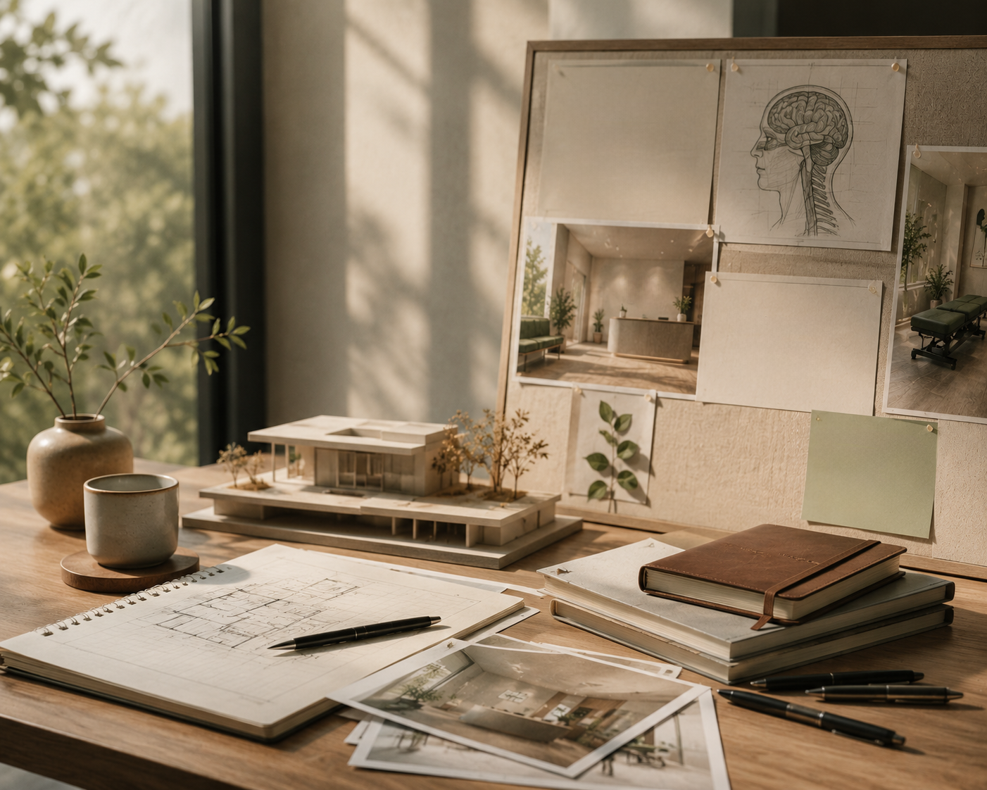 A well-lit workspace with architectural plans, a model of a modern building, notebooks, pens, and a mood board with interior photos and sketches on a corkboard.