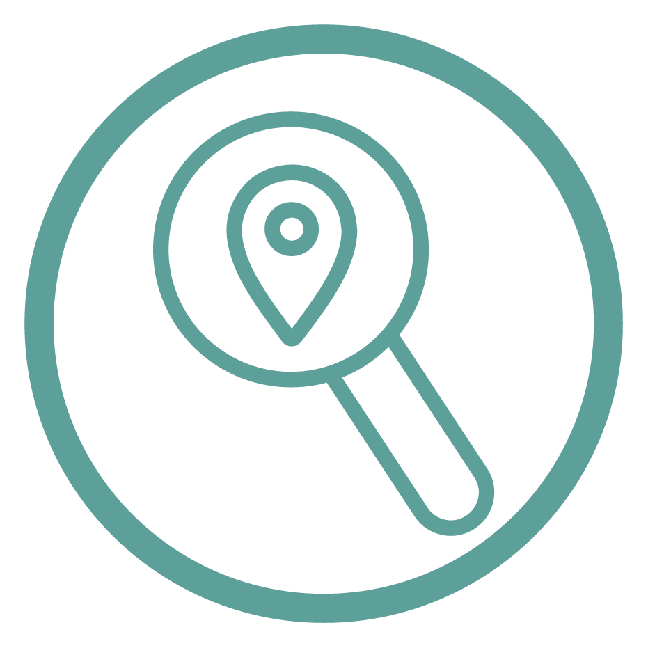 Magnifying glass icon with a location pin inside, representing search or location discovery.