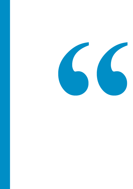 A black and white image with a large blue quotation mark on the right side.