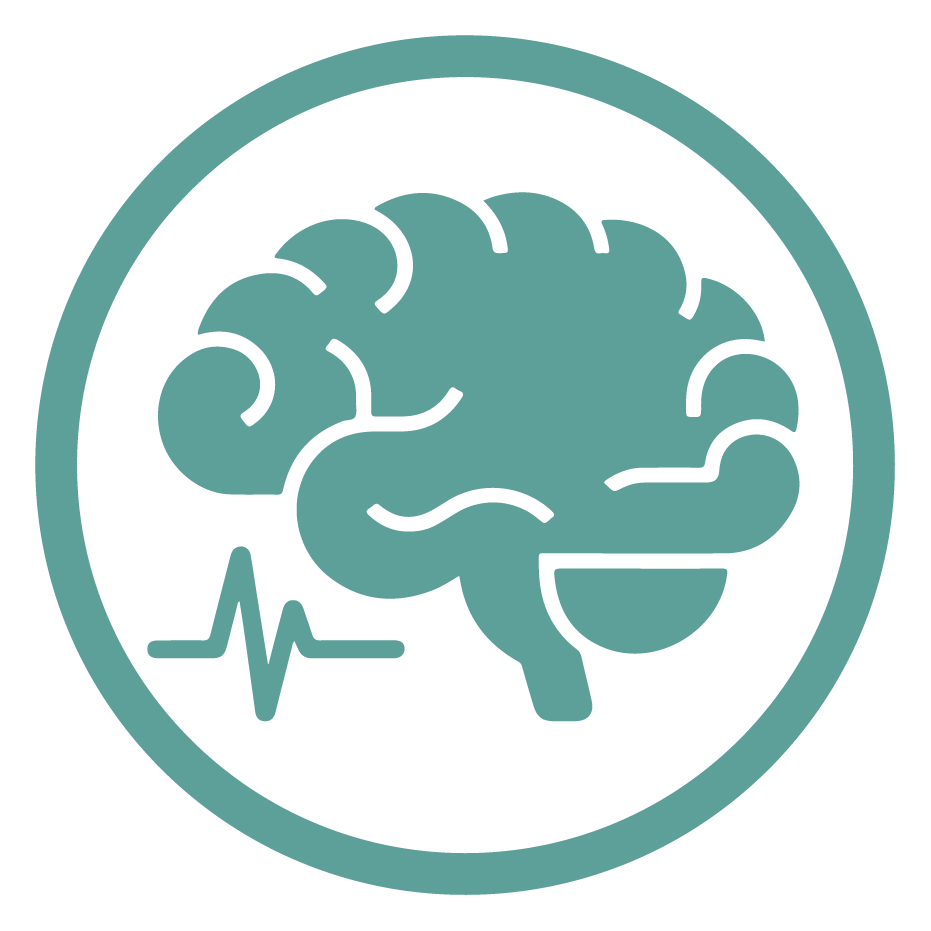 A circular icon featuring a brain with an electrocardiogram line underneath.