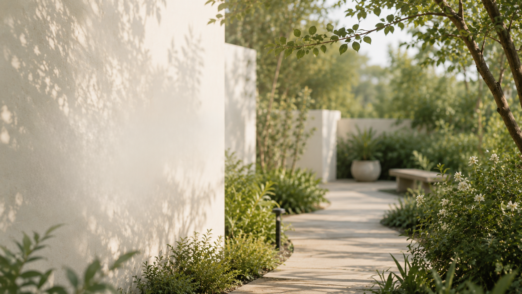 A curved stone pathway surrounded by lush green plants and bushes, with white flowers, in a peaceful garden with a white wall and trees in the background.