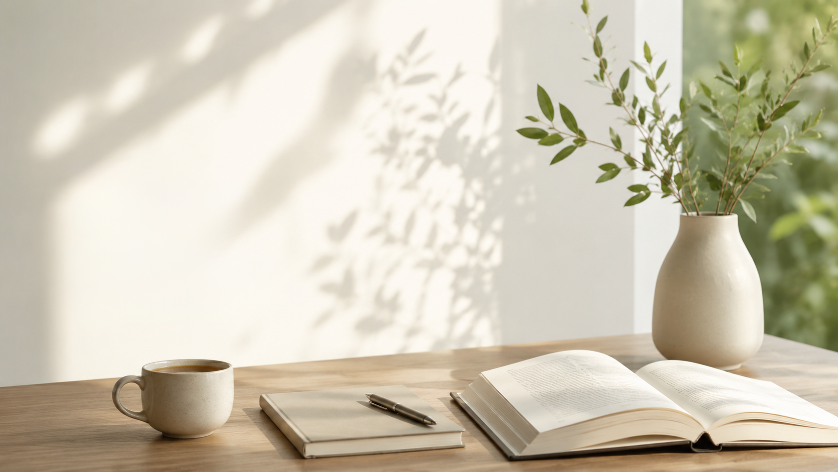 A wooden table with a coffee cup, a closed notebook with a pen on top, an open book, and a white vase with green leafy branches, set in a bright room with sunlight casting shadows on the wall.