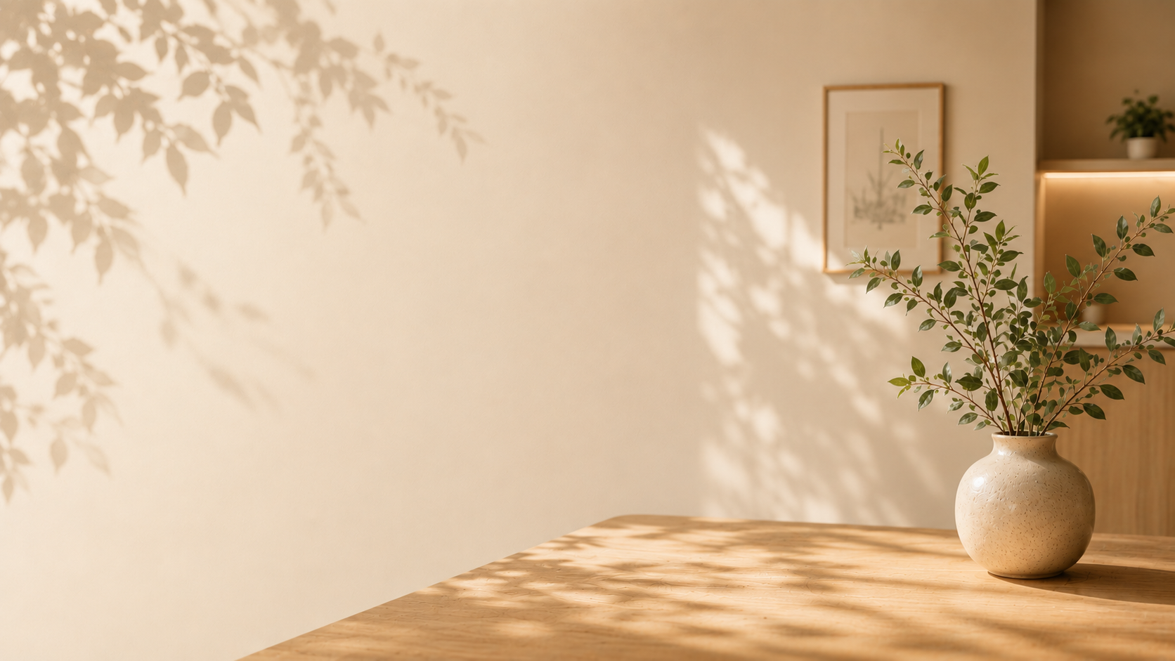 A beige ceramic vase with green leafy branches sits on a wooden table. Sunlight and shadows cast patterns on the wall behind.