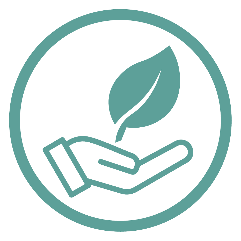 An icon of a hand holding a leaf, symbolizing environmentalcare or sustainability.