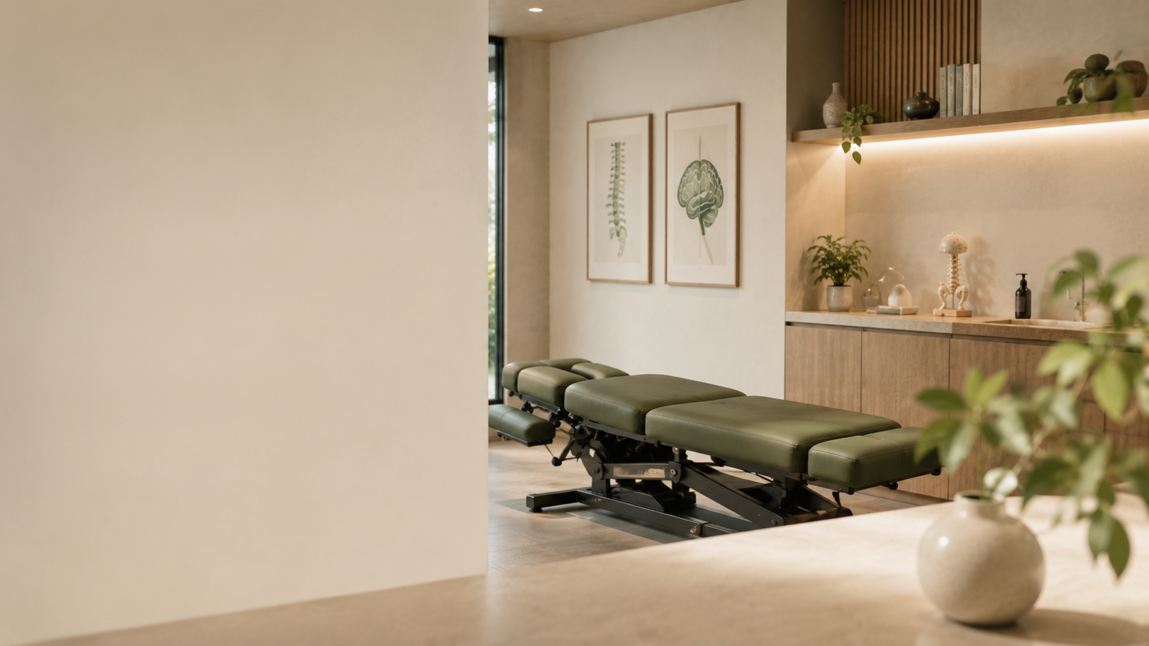 A modern medical or chiropractic treatment room with a green adjustable treatment table, framed botanical artwork on the wall, a wooden cabinet with decorative items, and plants on the countertop and shelf, illuminated by soft lighting.