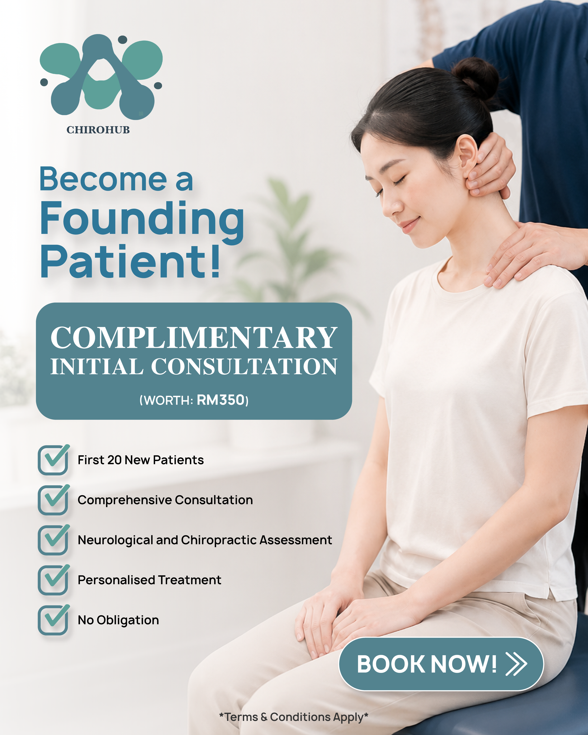A woman in a white shirt sitting with eyes closed, receiving a chiropractic neck and shoulder massage from a person in a blue shirt. Promotional graphic overlay for chiropractic services offering a free initial consultation for new patients, with checkmarks next to list of benefits, and a call-to-action button to book now.