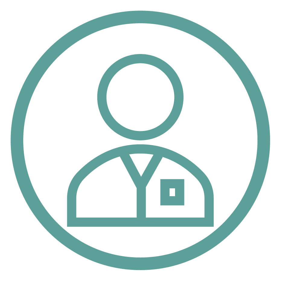 Icon of a person with a badge, representing a healthcare professional or staff member.