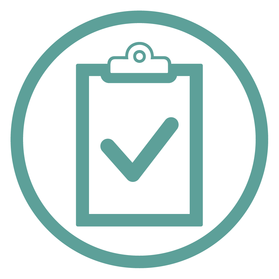 Icon of a clipboard with a checkmark, encircled by a ring, representing approval or completion.