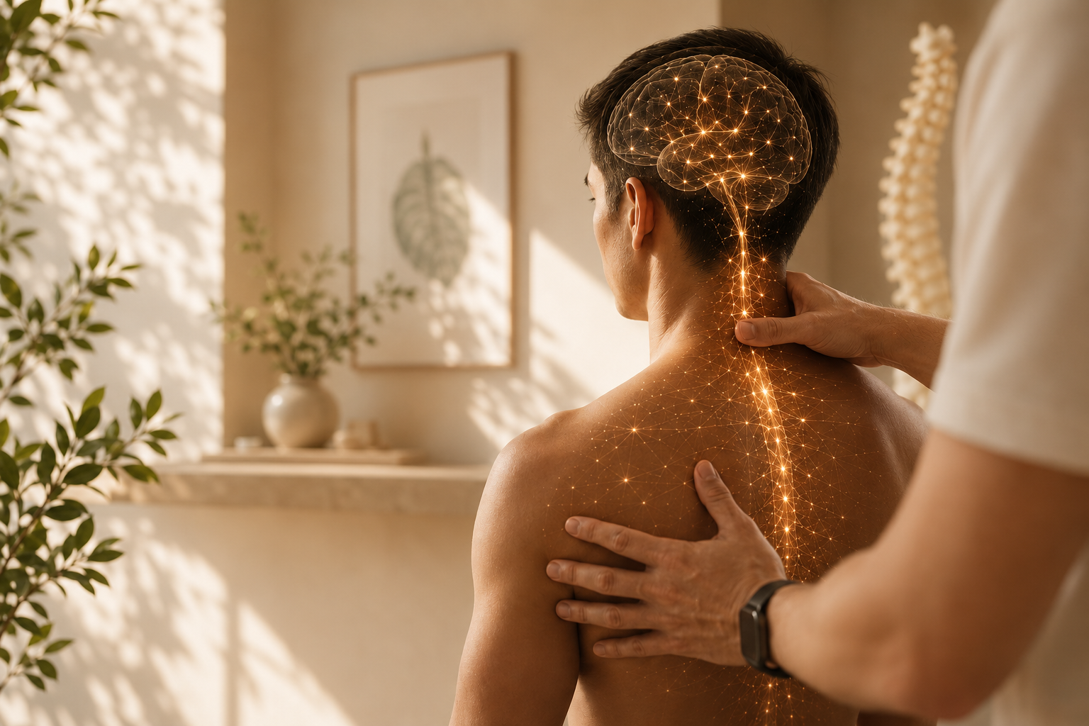 A man receives a back massage in a wellness or therapy session. The image has an overlay of a digital neural network pattern on his back and head, symbolizing relaxation, health, or healing.