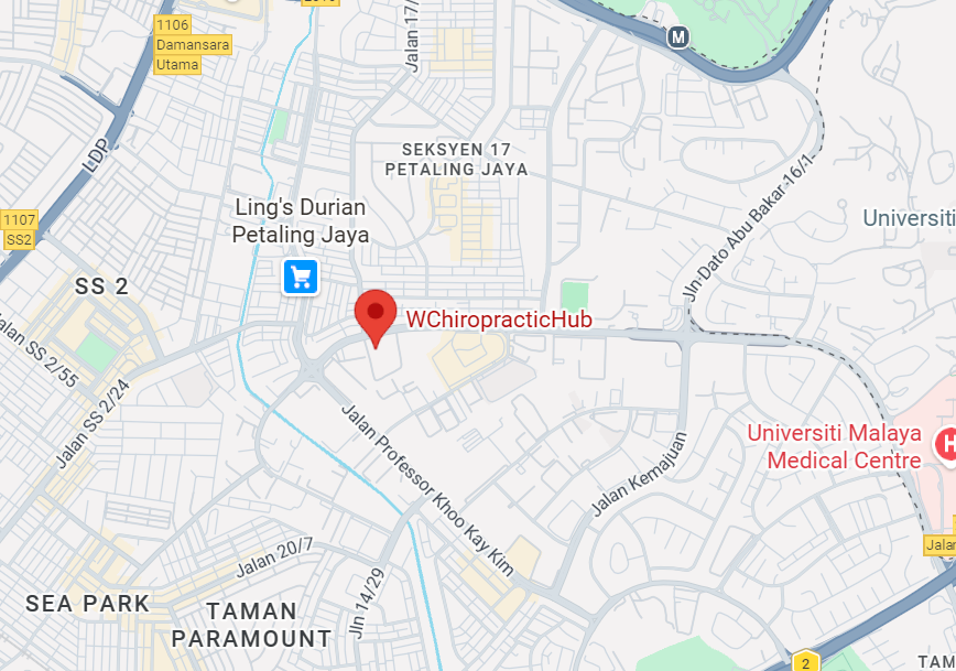 Map showing the location of W Chiropractic Hub in Petaling Jaya, near Ling's Durian Petaling Jaya and Universiti Malaya Medical Centre.