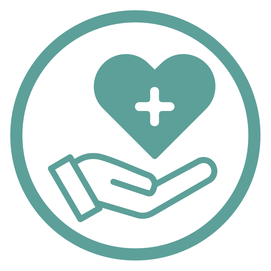 Icon of a hand holding a heart with a medical cross inside, symbolizing healthcare or medical support.