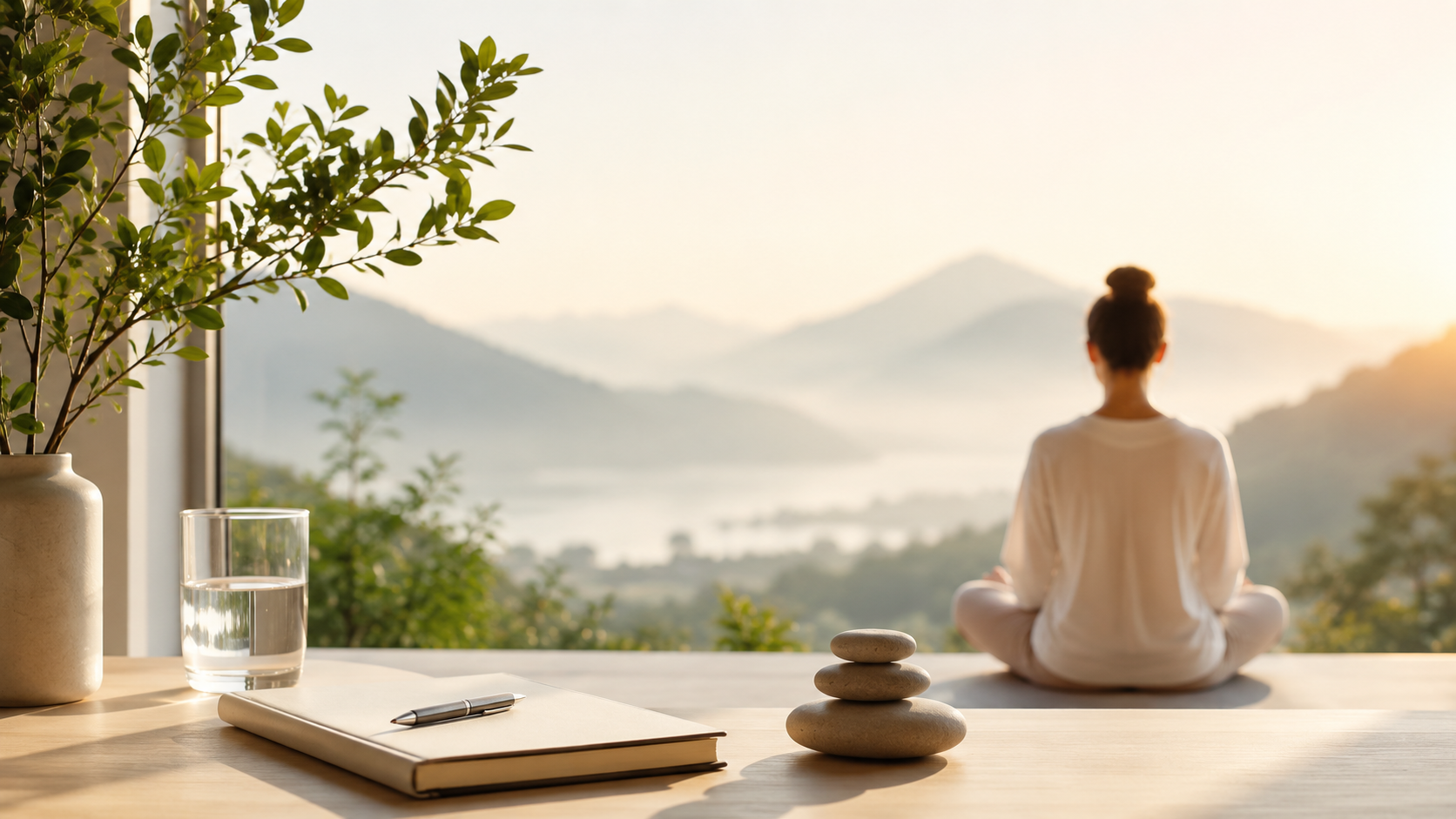 A woman practicing meditation on a balcony overlooking mountains at sunrise, with a desk holding a notebook, pen, glass of water, and decorative stones, and a potted plant nearby.