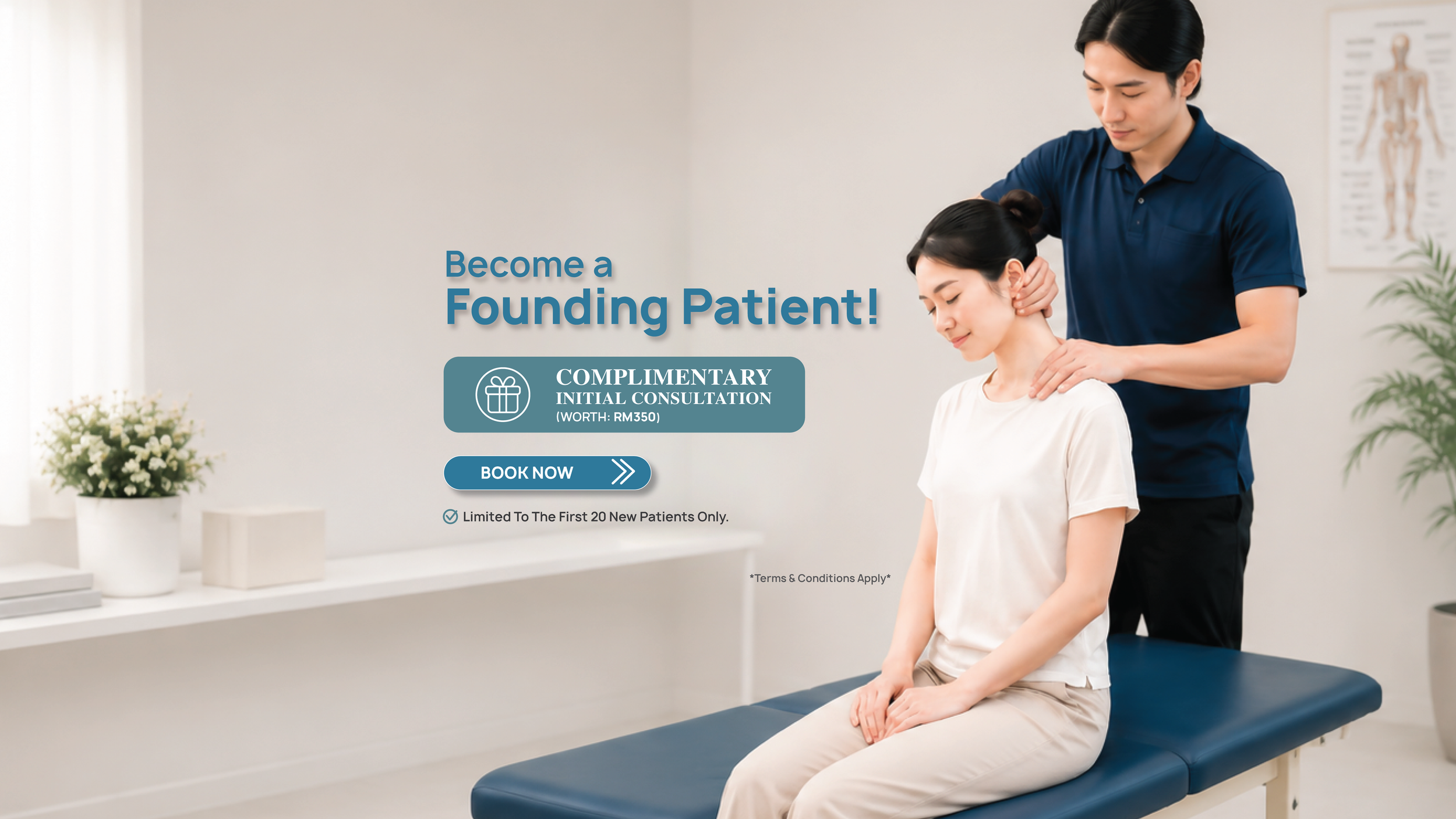 A nurse or doctor performing a neck adjustment on a young woman in a medical office or clinic, with medical posters and plants visible in the background. The image promotes a free initial consultation for potential patients.