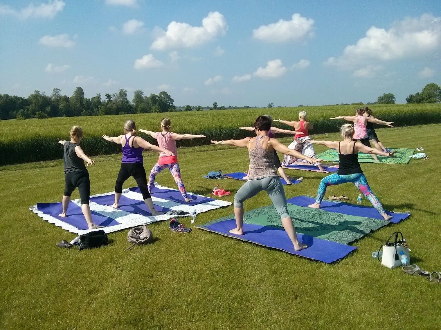 Group of women practicing yoga outdoors on mats in a grassy field with trees and a blue sky with clouds in the background.