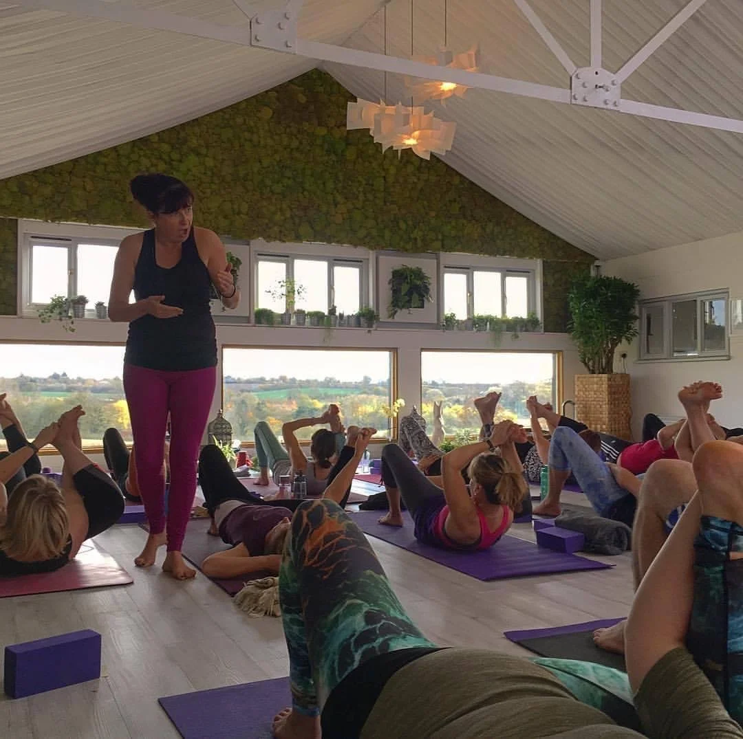 Yoga class inside a bright studio with large windows and scenic view, instructor standing and instructing students in poses.