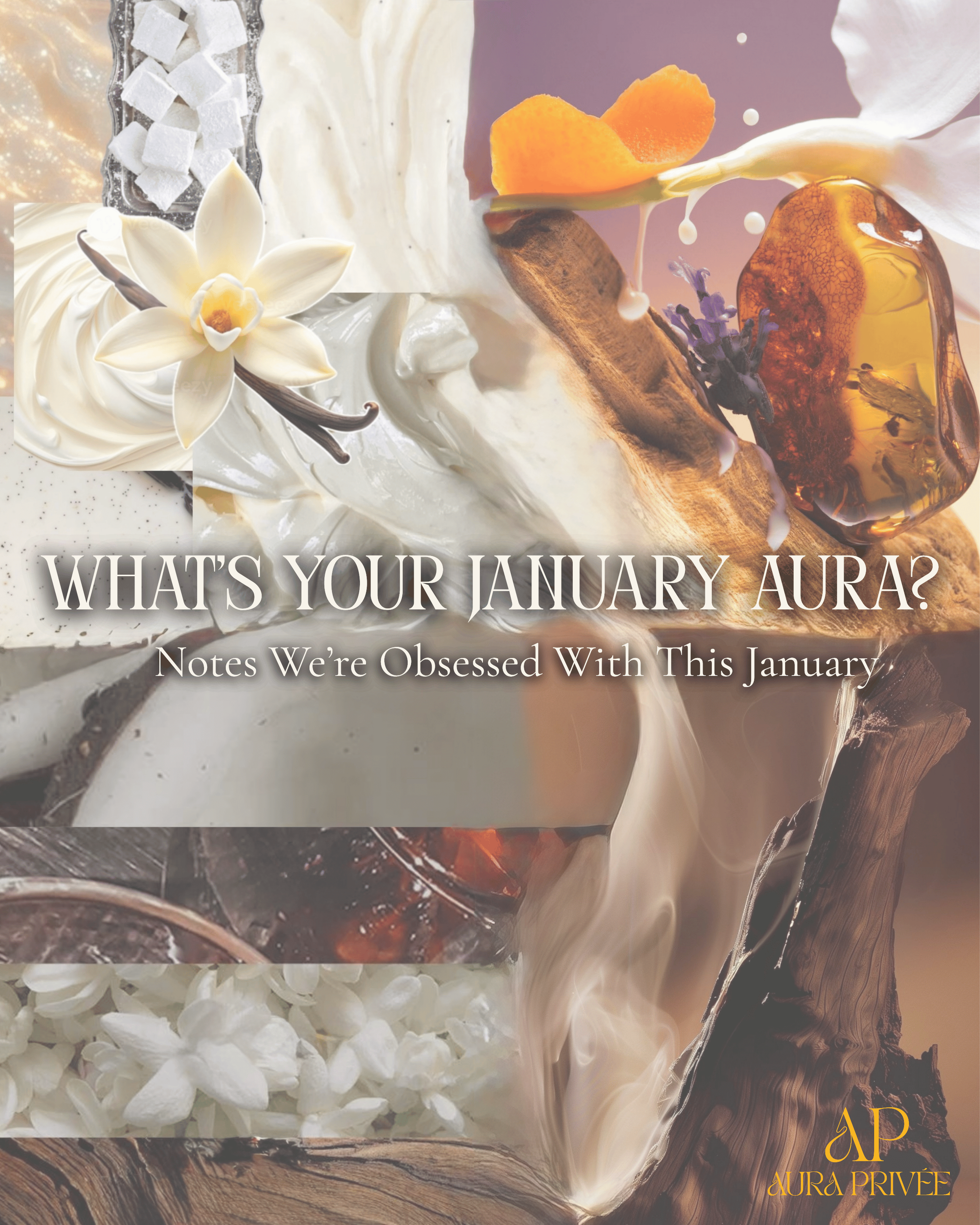 Collage of various aromatherapy ingredients including vanilla beans, lavender, white flowers, honey, and aromatic oils.