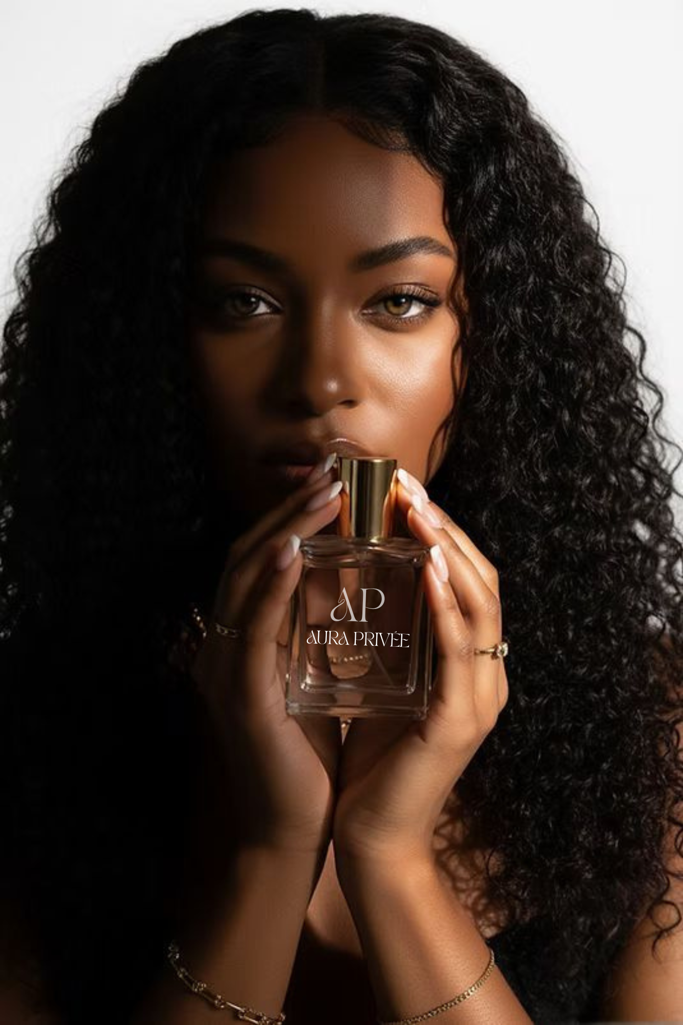 A woman holding a perfume bottle labeled Aura Privée, with curly dark hair and gold and white jewelry.