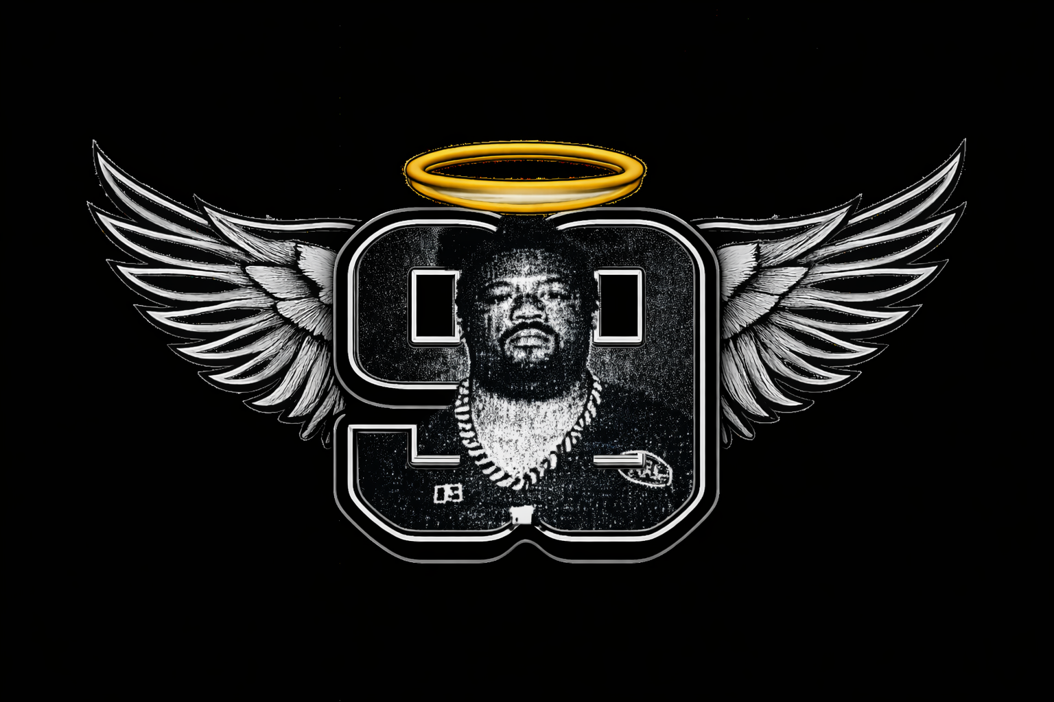 Graphic design featuring a black and white portrait of a man with tattoos, wearing a chain necklace, with a gold halo above his head, large stylized wings extending from behind, and a stylized digit '03' on a dark background.