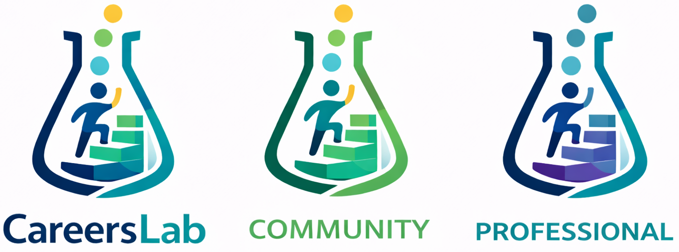 Three stylized laboratory flask icons with a figure climbing stairs inside. The first flask labeled 'CareersLab' in blue, the second labeled 'Community' in green, and the third labeled 'Professional' in teal. Each flask has a semicircular top with colored dots above, representing ladders or progress.
