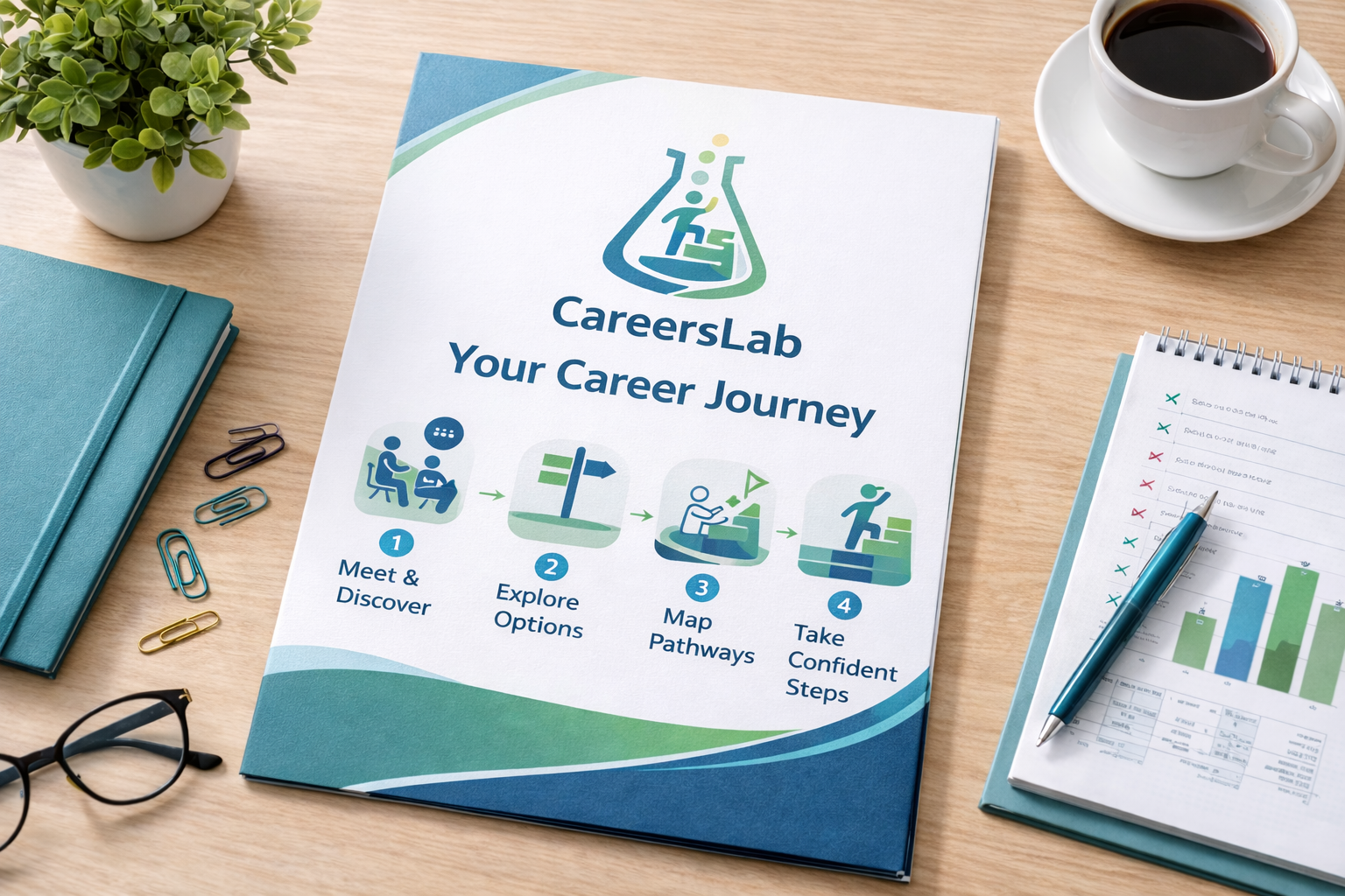 Career guide brochure titled 'Careers Lab: Your Career Journey,' displaying four steps: meet and discover, explore options, map pathways, take confident steps, on a desk with pens, glasses, paper clips, a cup of coffee, a notebook, and a plant.