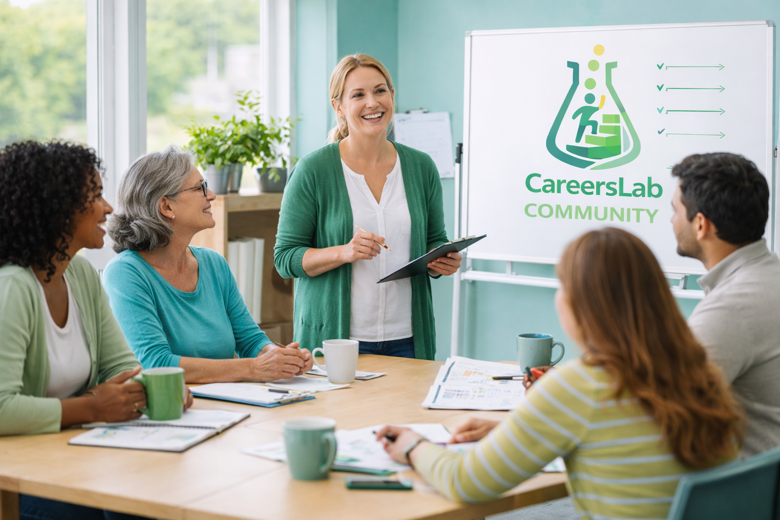 A woman is giving a presentation to a group of five diverse adults seated at a conference table, with a CareersLab COMMUNITY logo on a whiteboard in the background.