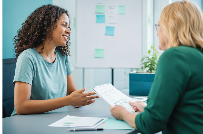 Two women having a conversation in an office, one holding a document and the other smiling, with a whiteboard and plants in the background.