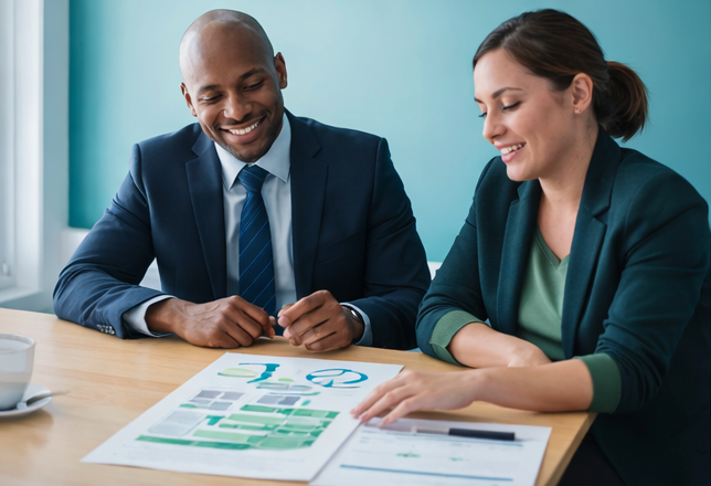 Two smiling businesspeople, a man and a woman, reviewing charts and documents at a table in a conference room.