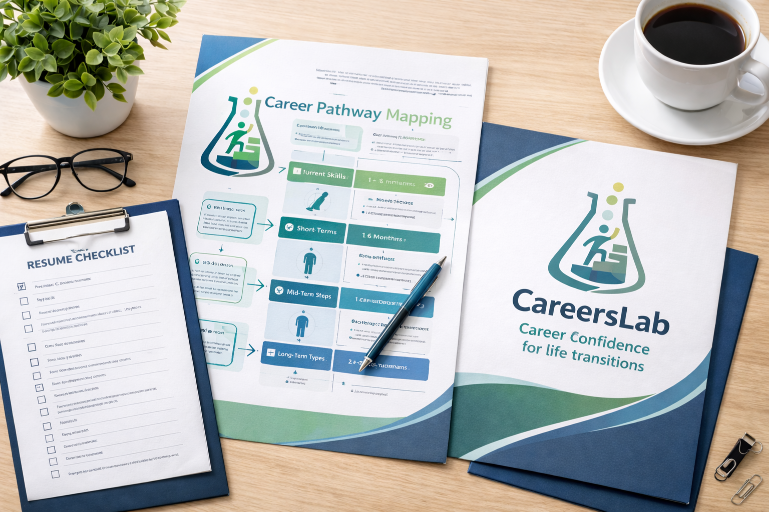 Desk with a Career Pathway Mapping document, a resume checklist on a clipboard, a pair of glasses, a plant in a pot, a pen, a CareersLab brochure, a cup of coffee, and some paper clips.