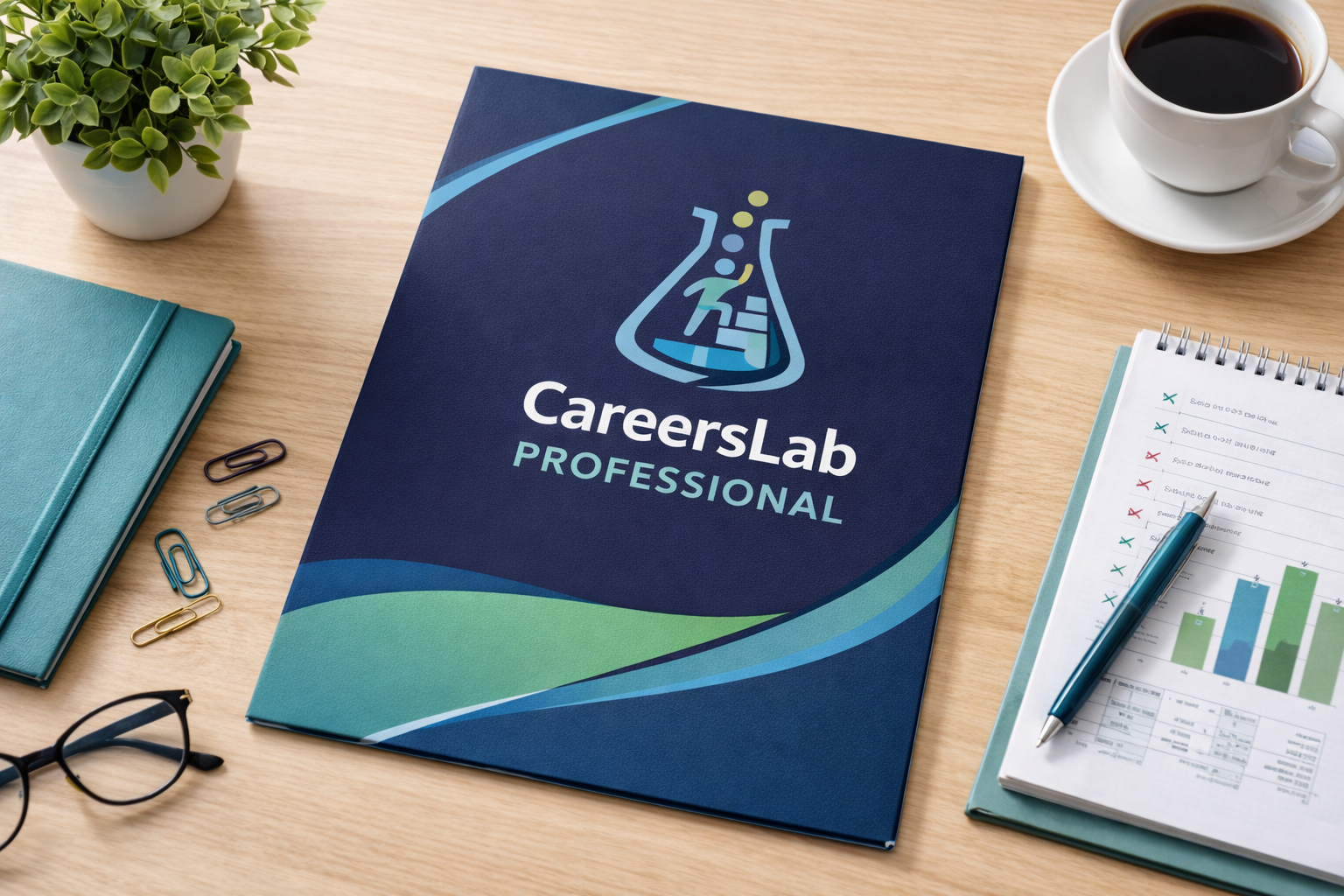 CareerLab Professional booklet on a wooden desk with a coffee cup, glasses, a small plant, a pen, notebooks, paper clips, and a financial chart.