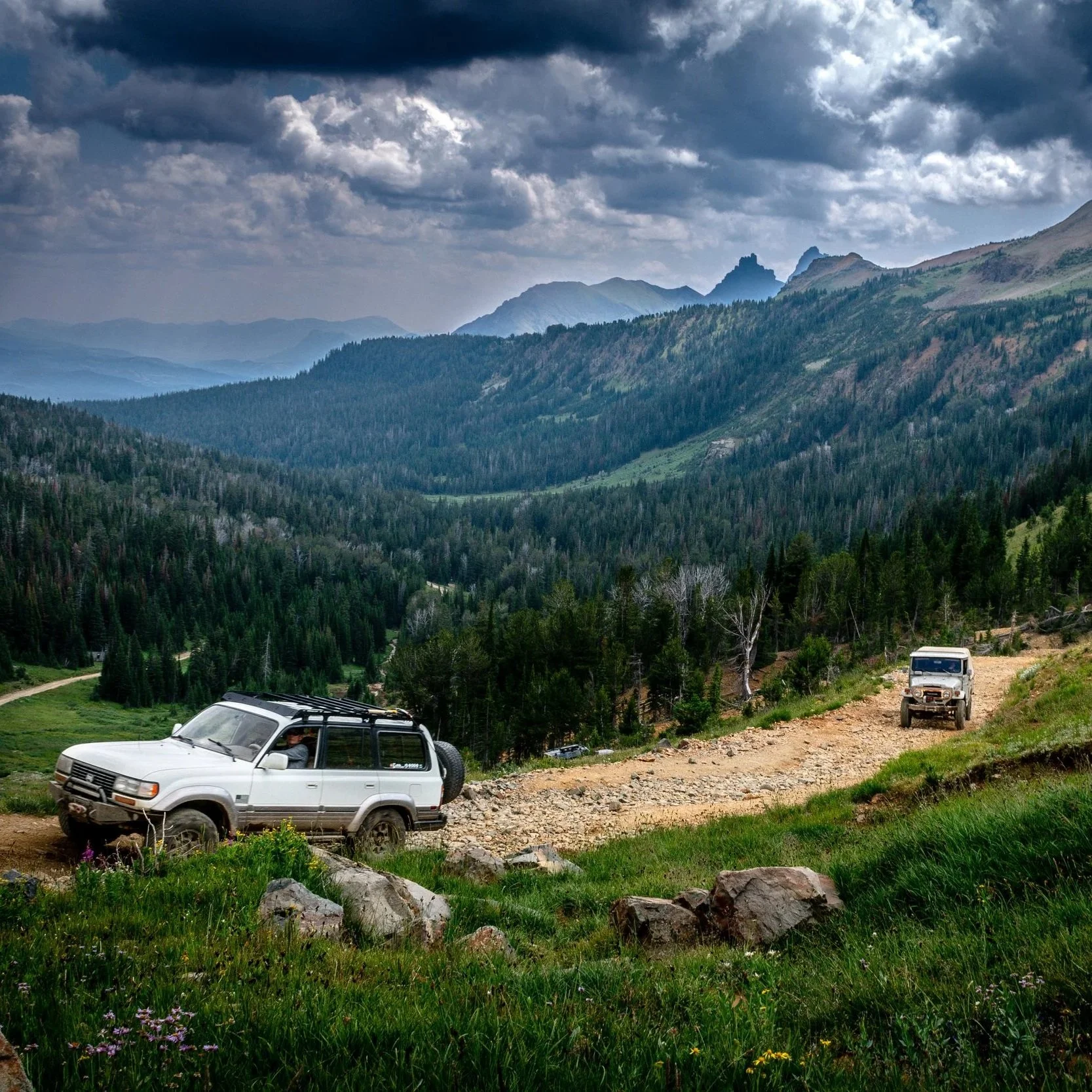 Two four-wheel drive vehicles driving on a rugged dirt mountain trail surrounded by green grass and wildflowers with a forested valley and mountain peaks and cloudy sky in the background.