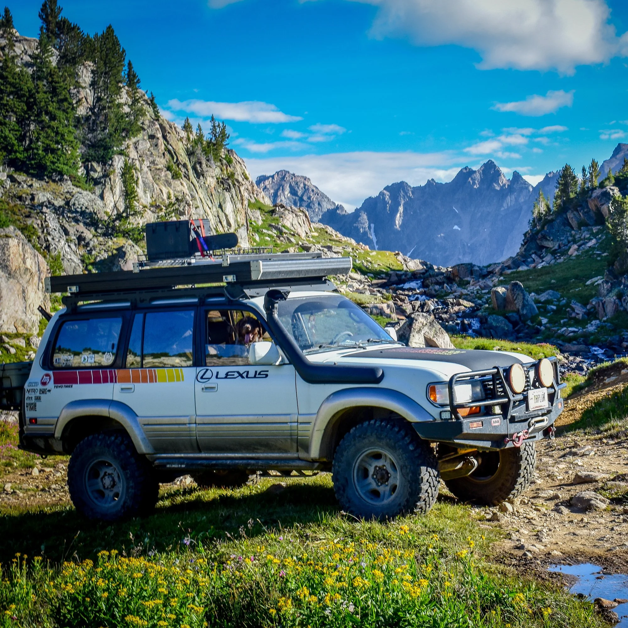 An off-road vehicle parked on a grassy area in a mountainous landscape with rocky peaks, trees, and a partly cloudy sky.