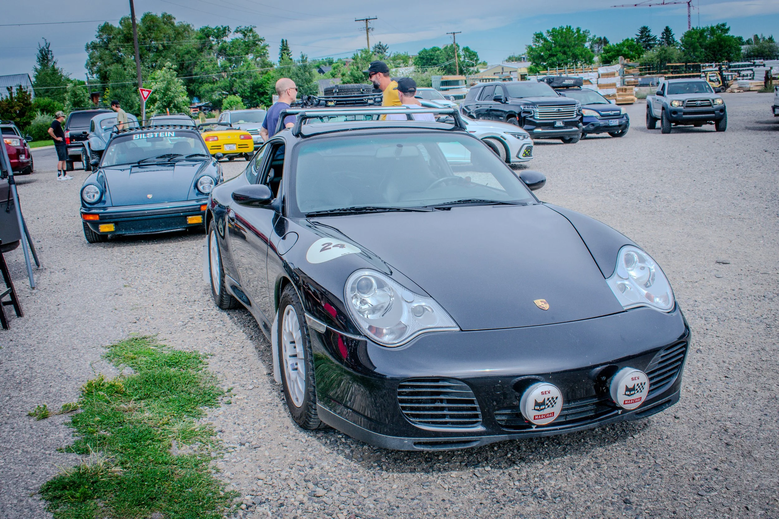 Black Porsche 911, front view at the Vigilante 77 send-off in Bozeman