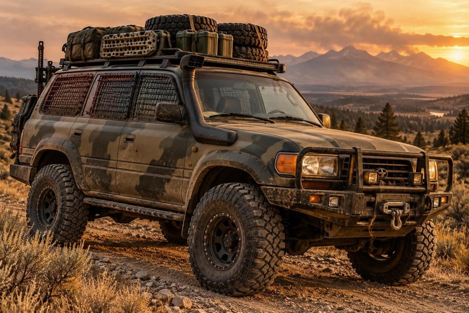 Camouflaged 80 Series Land Cruiser with a steel bumper, winch, roof rack, spare tires and mesh window grates