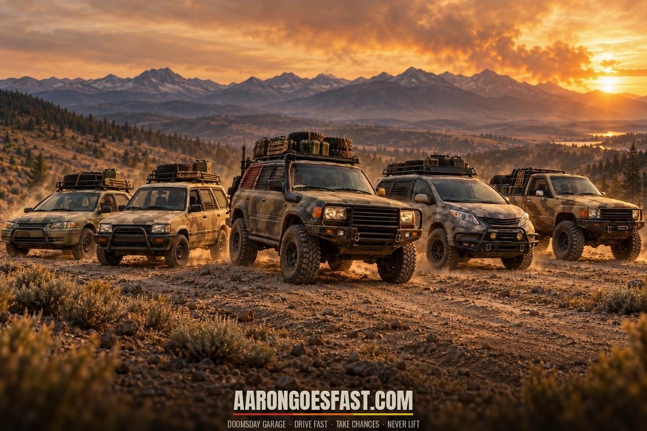 Five camouflaged Toyota apocalypse builds lined up in the Montana backcountry at sunset