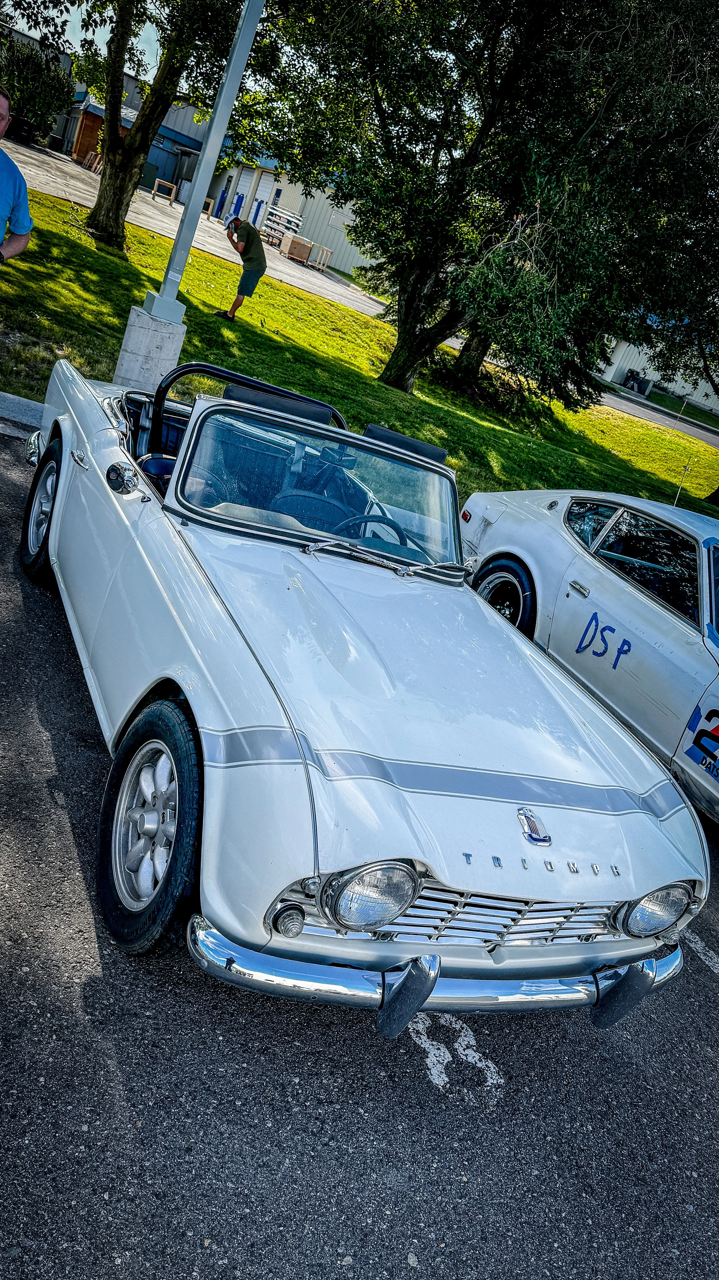 White classic British roadster at Ressler Cars & Coffee at Gallatin Subaru
