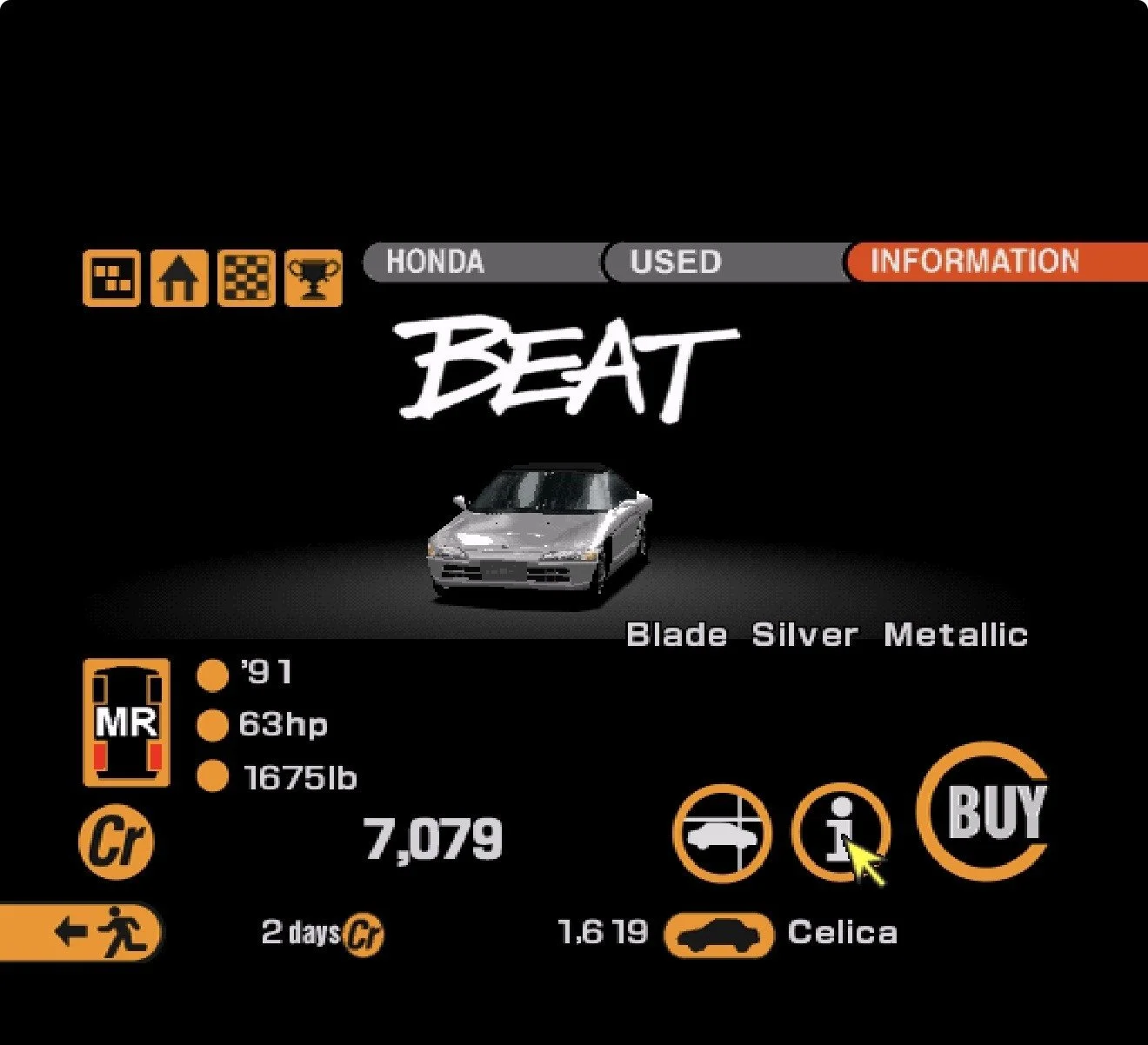 Gran Turismo 2 used car lot screen showing a silver 1991 Honda Beat with 63 horsepower for 7,079 credits