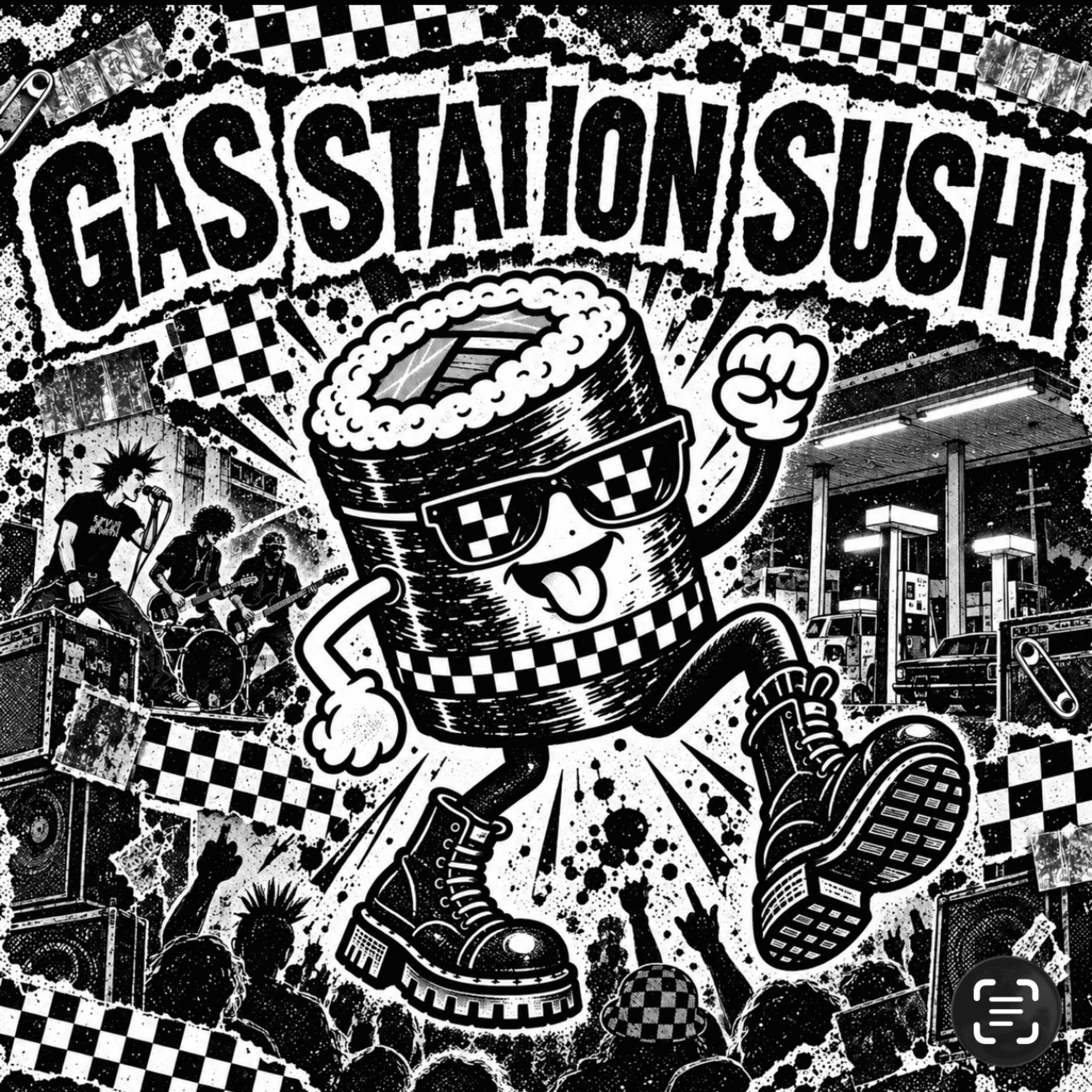 Black-and-white graffiti art depicting cannabis-themed imagery, including a large cannabis leaf, a stylized joint, and various urban elements.
