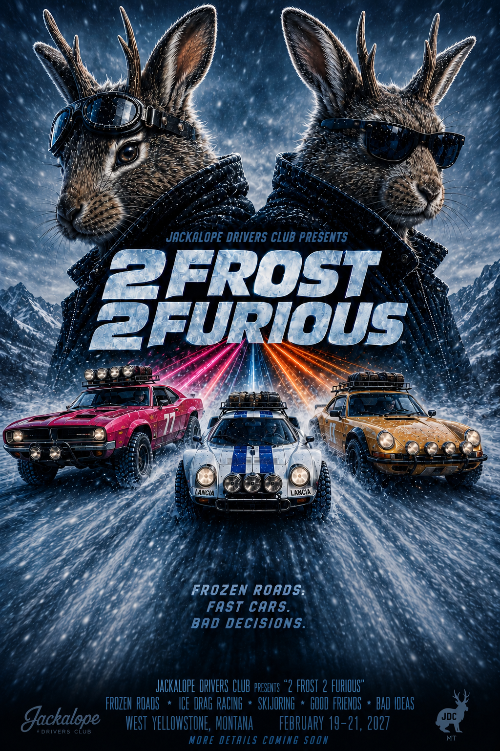 2 Frost 2 Furious poster from Jackalope Drivers Club with two jackalopes and three rally cars on a snowy road