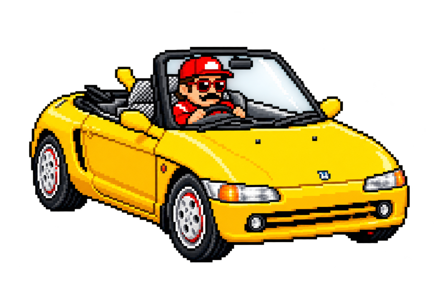 Pixel art of Aaron in a red cap and sunglasses driving a yellow Honda Beat convertible