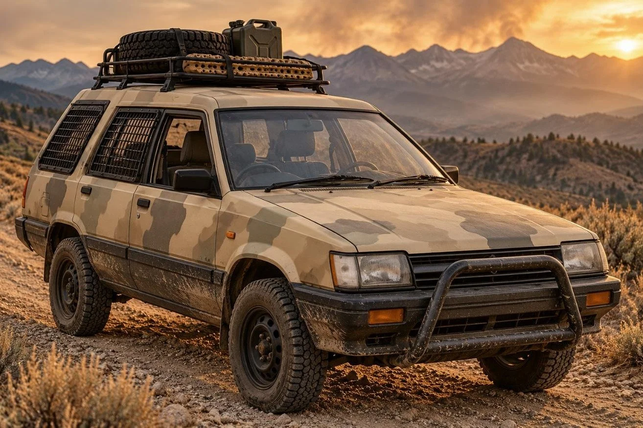 Lifted 1985 Toyota Tercel 4WD wagon in tan camo with a roof rack, spare tire, jerry cans and window grates