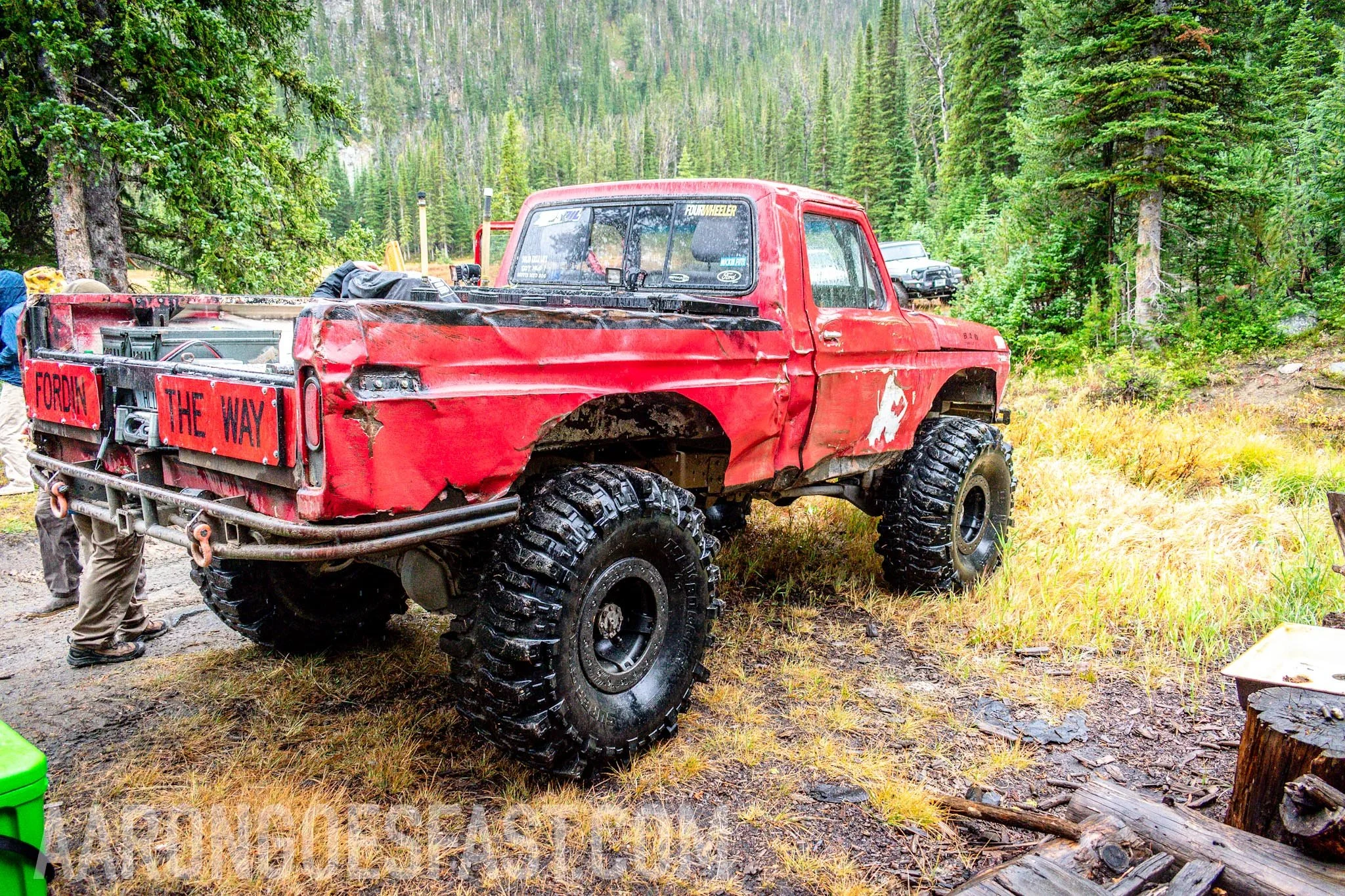 Red first-gen Toyota 4Runner on the trail on the McElvy Lake trail in the Tobacco Roots