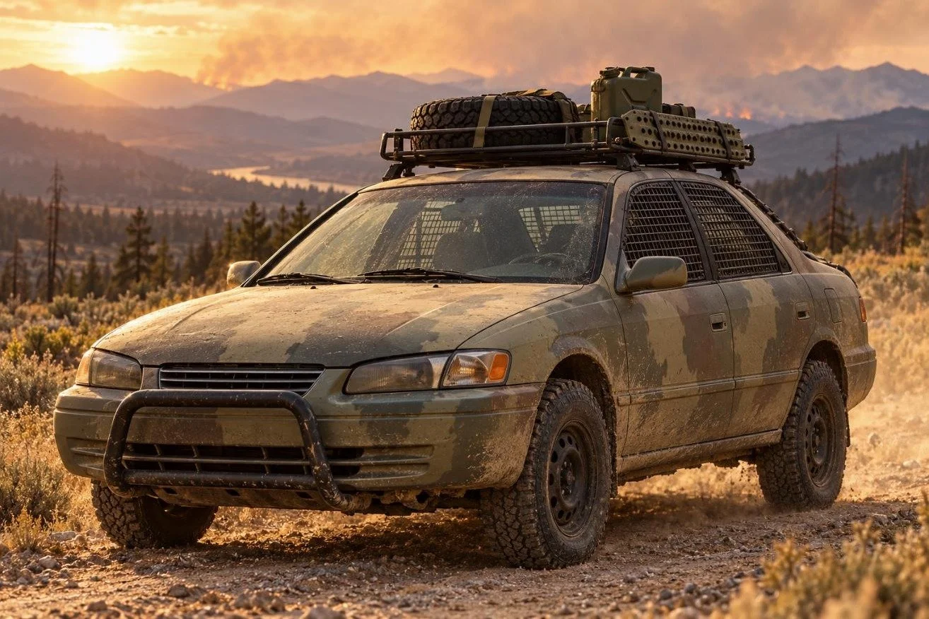 Late-1990s Toyota Camry sedan in drab olive with a roof rack, spare tire and mesh window grates