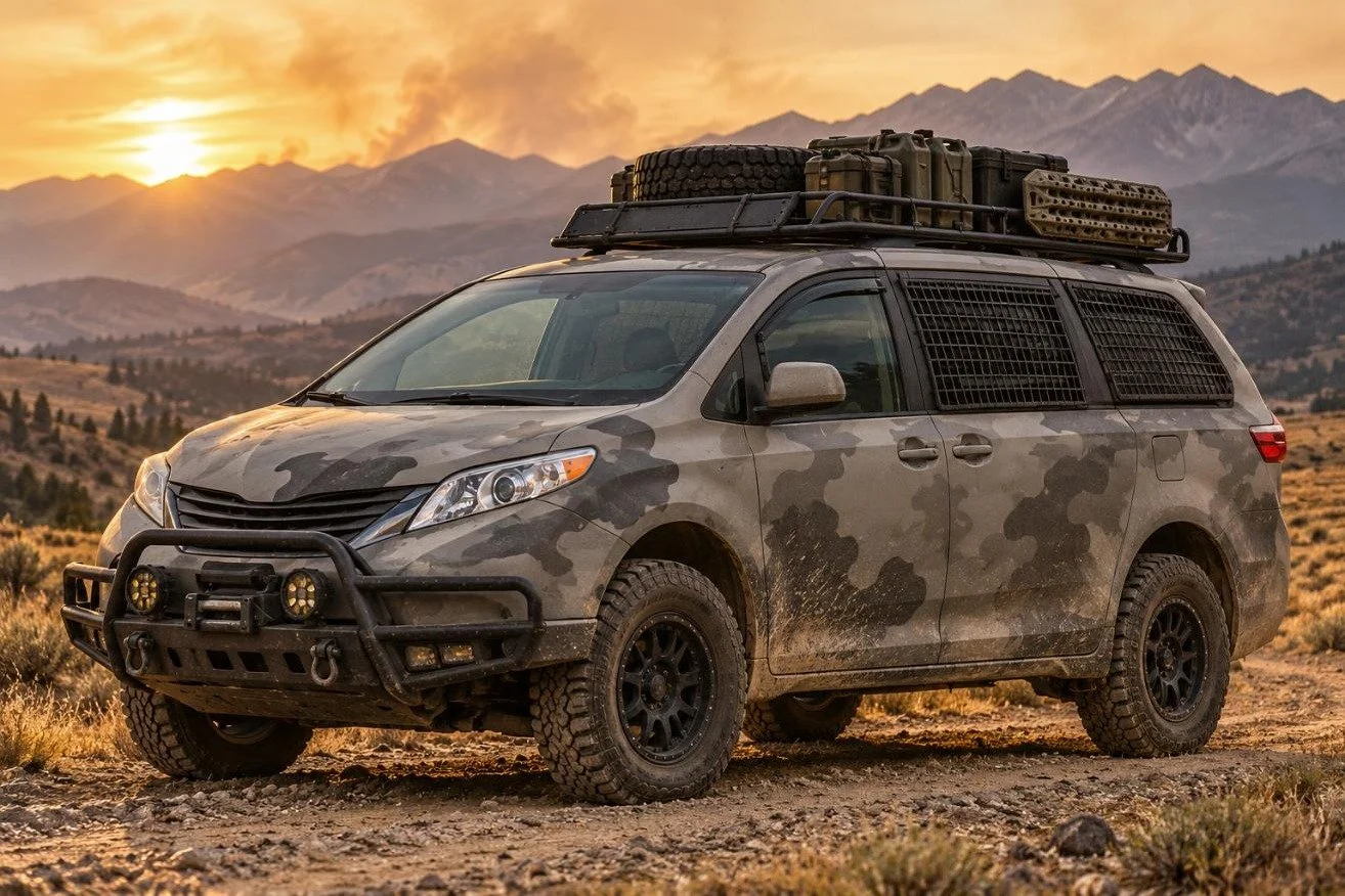 Lifted 2015 Toyota Sienna AWD minivan in gray camo with a roof basket, spare tires, jerry cans and window grates